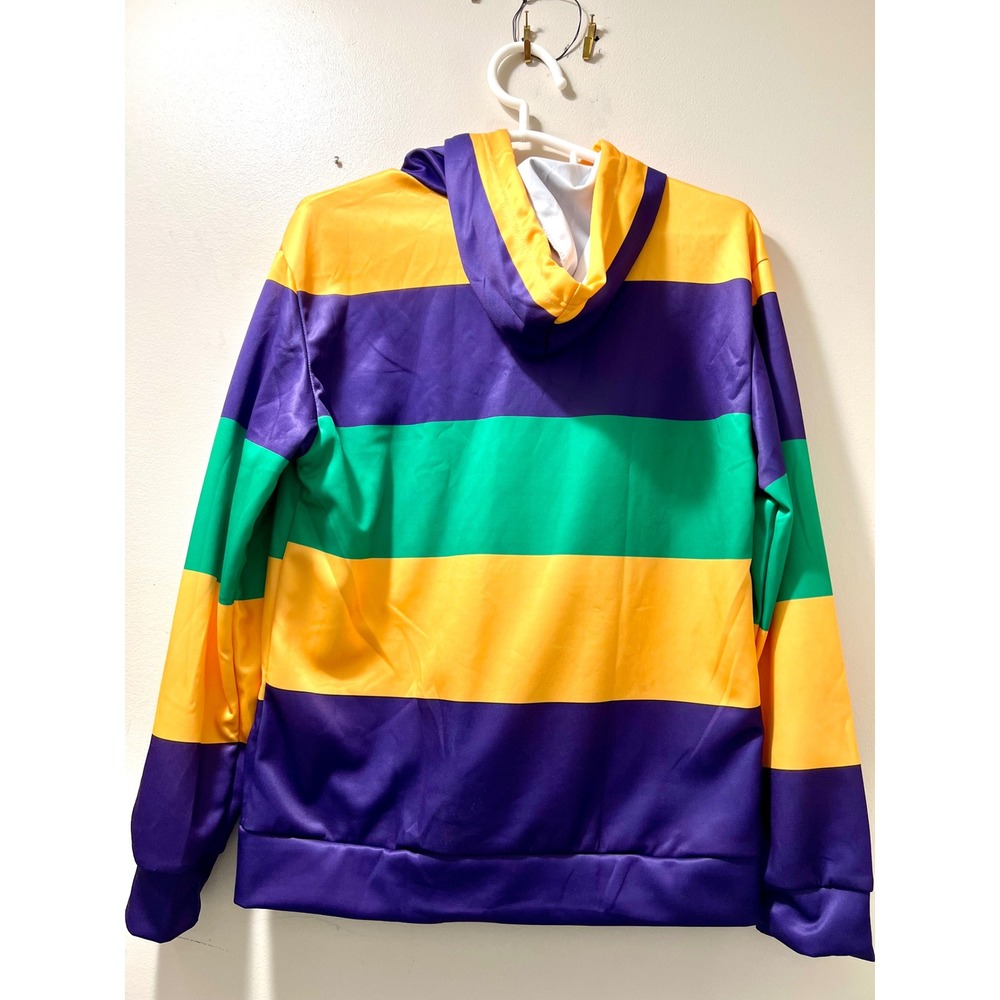 Mardi Gras‎ Hoodie Mens Medium Purple Green Gold Striped Fleur De Lis Pullover - Picture 5 of 8
